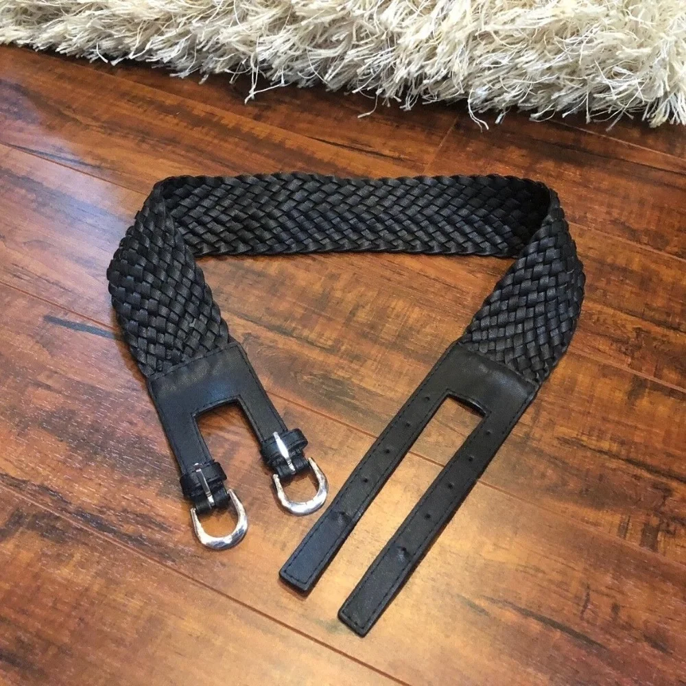 Black BoHo Hippie Hippy Double Buckle Faux Leather Woven High Waisted Be…